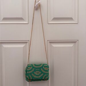 Anthropologie Green Beaded Crossbody with Gold Chain